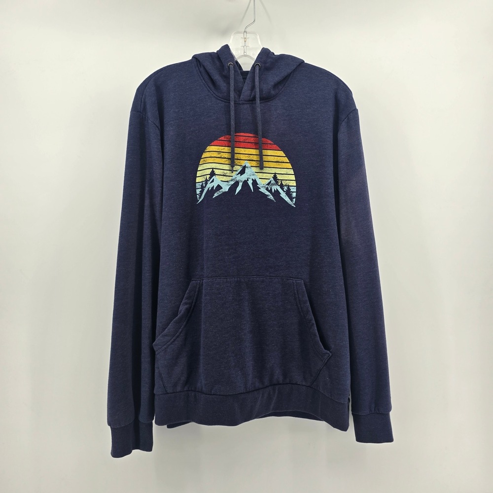Mountain and Isles Retro Sunset Mountain Graphic Hoodie Navy Fleece Men's L